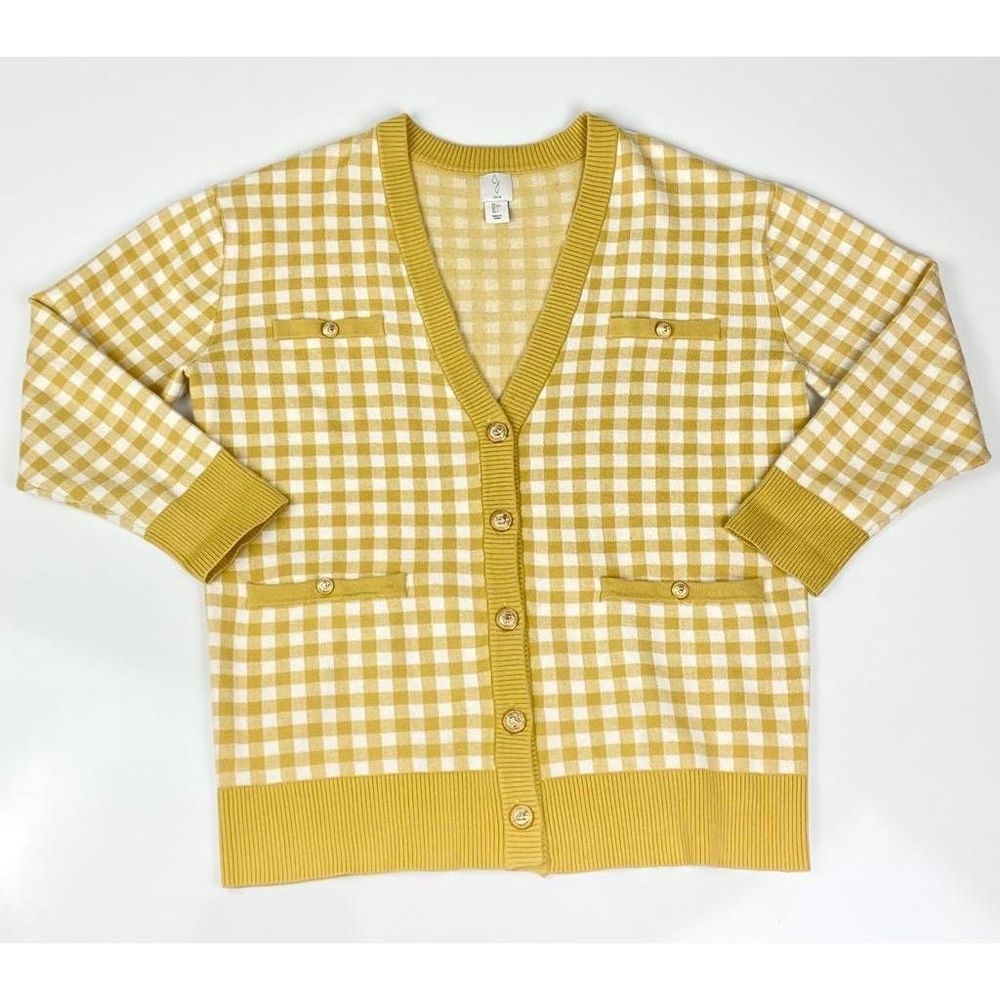Joie Gingham Plaid Button Front Cardigan Sweater Womens Size Large Yellow White